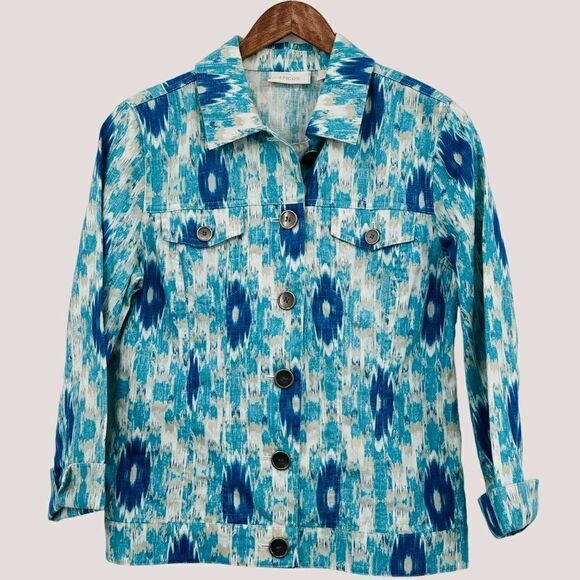 Chicos (0) Ikat Linen Jacket Denim Style Womens Small Blue Aqua Metallic Silver - Picture 2 of 9